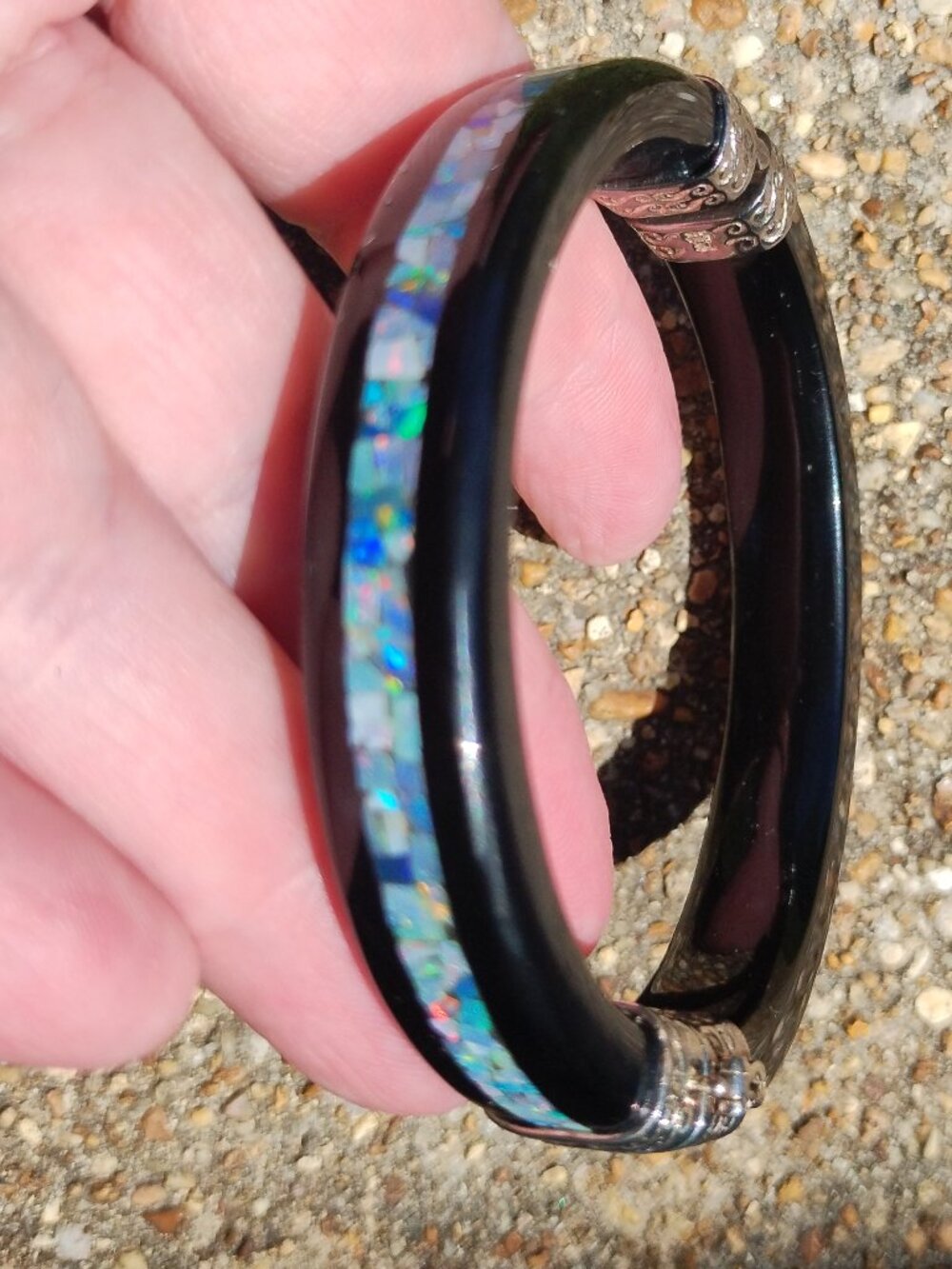 JAY KING DTR Black Agate and Micro Opal Mosaic Inlay Hinged Bangle Bracelet 925